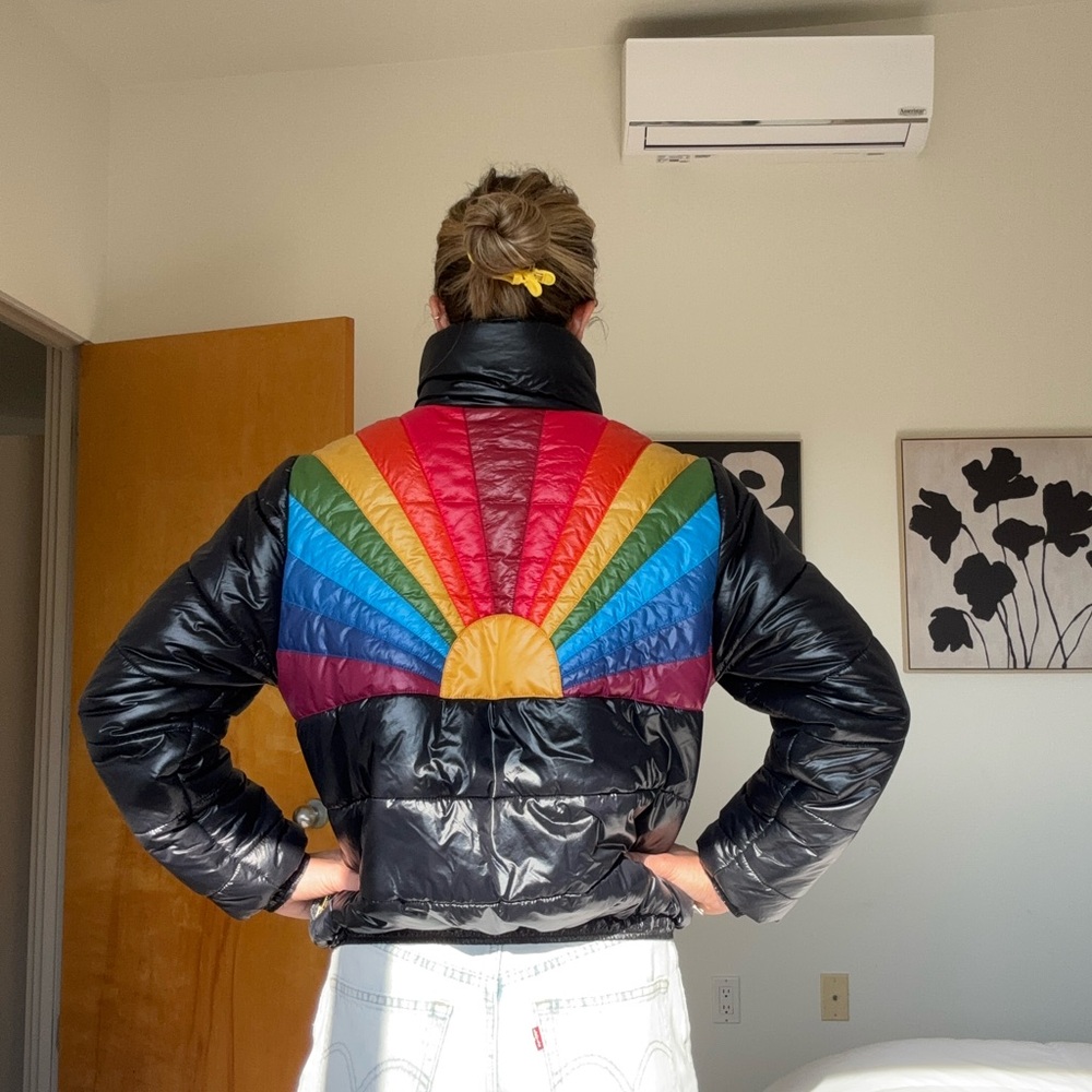 *Rare* Aviator Nation sunburst bomber jacket in shiny black fabric
